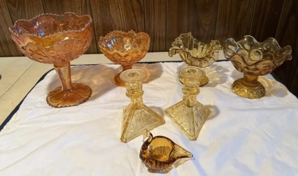 2 Iridescent Candy Dishes, Swan, Candlestick