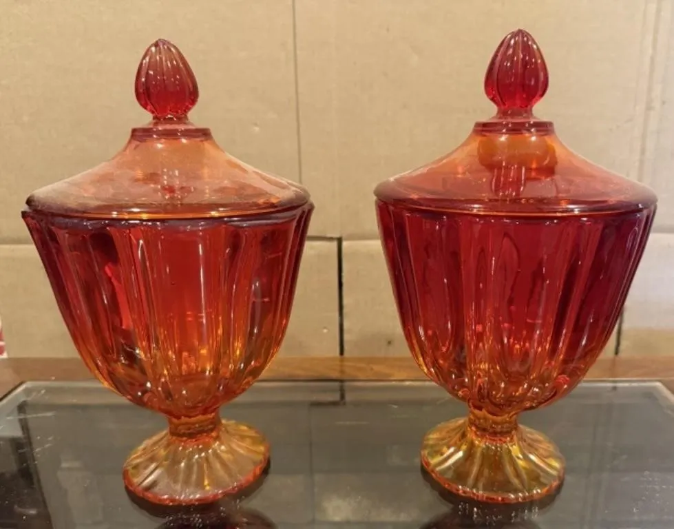 2 Vintage Amberina Glass Covered Candy Dishes