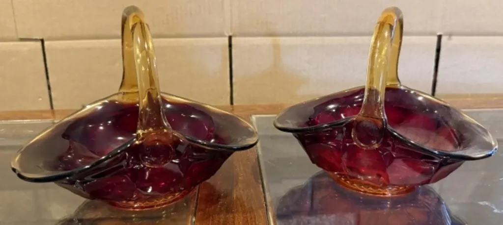 2 Vintage Amberina Glass Baskets