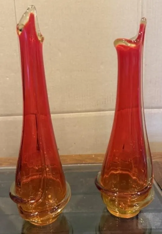 2 Vintage Amberina Swung Glass Vases