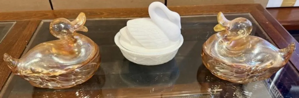 Swan on Nest, 2 Glass Ducks Covered Dishes