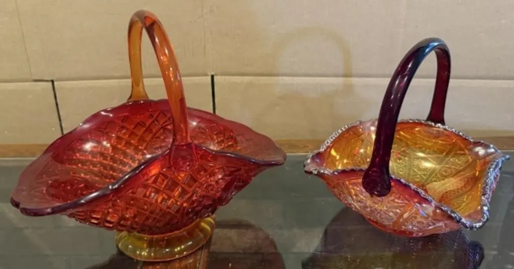 Vintage Iridescent Glass Basket, Vintage Amberina
