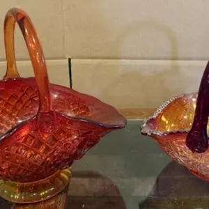 Vintage Iridescent Glass Basket, Vintage Amberina