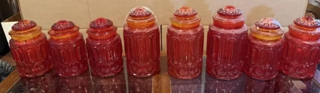 8+/- Amberina Glass Cannisters