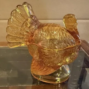 Amber Pressed Glass Turkey Lidded Candy Dish