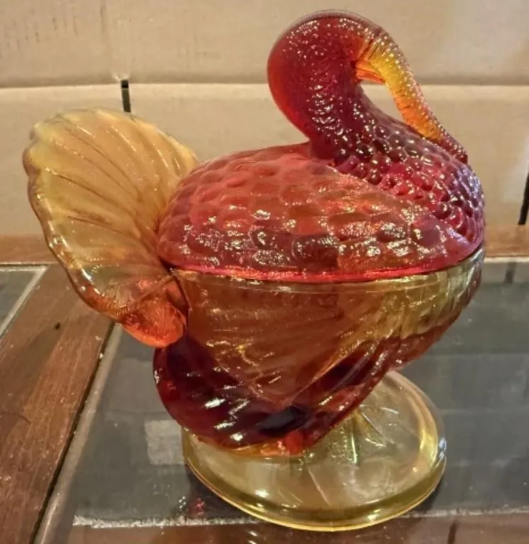 Amberina Glass Turkey Lidded Candy Dish