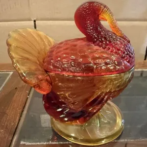 Amberina Glass Turkey Lidded Candy Dish