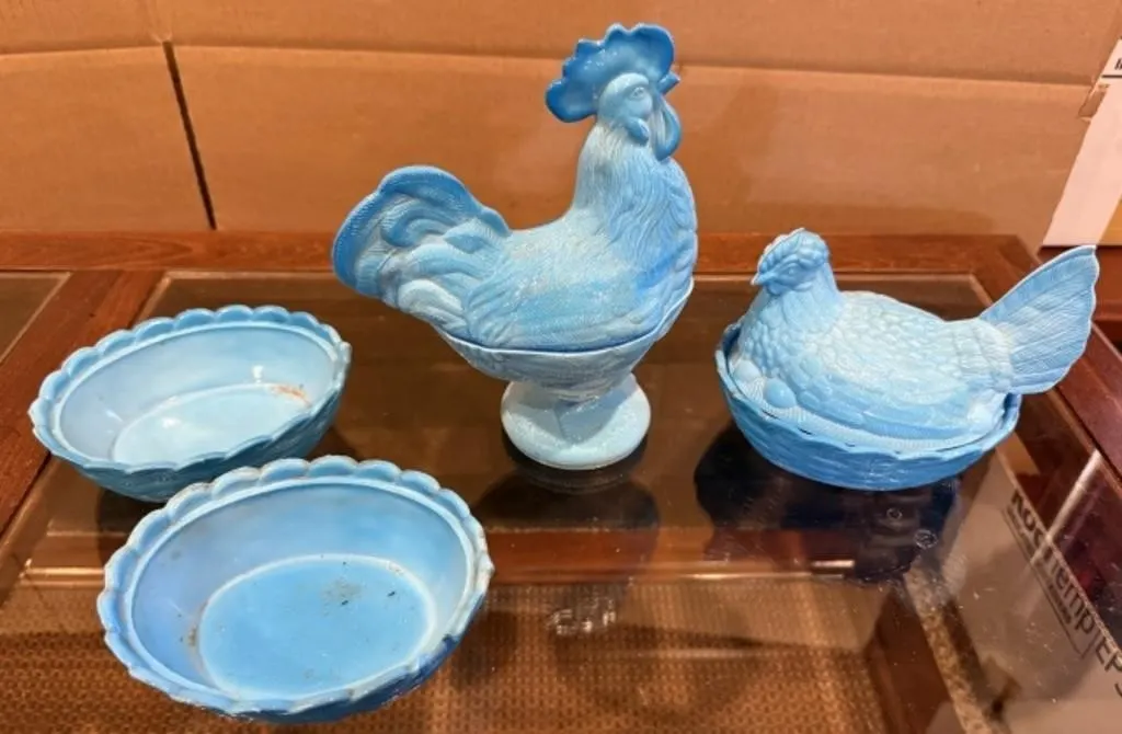 Heisey Blue Slag Rooster, Heisey Blue Slag Hen on