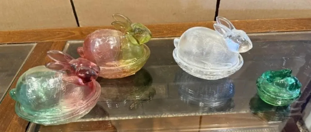 4 Glass Rabbits on Nests