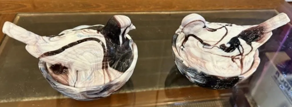 2 Vintage Purple & White Marbled Glass Birds on