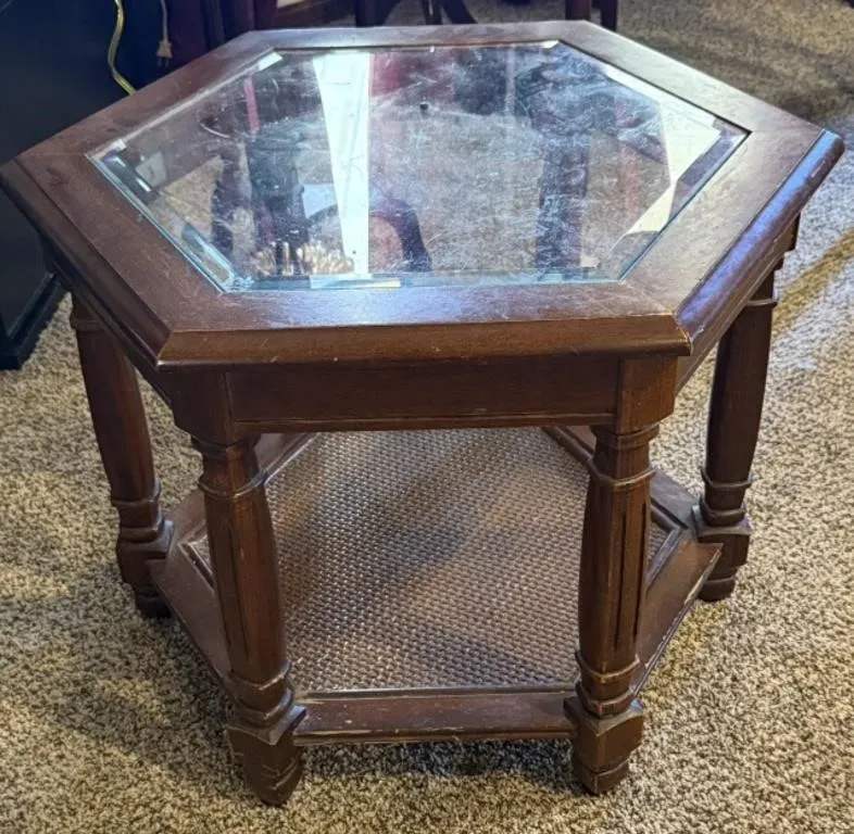 Vintage Hexagonal Wood/Glass Accent Table