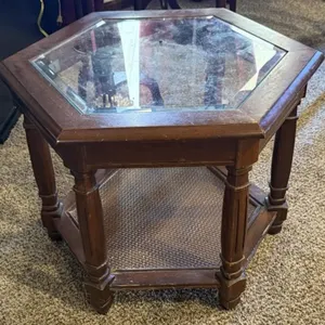 Vintage Hexagonal Wood/Glass Accent Table