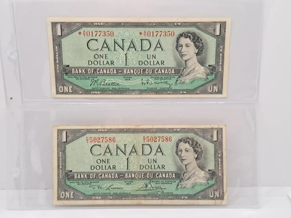 Pair of 1954 Canada One Dollar Bills. One is a