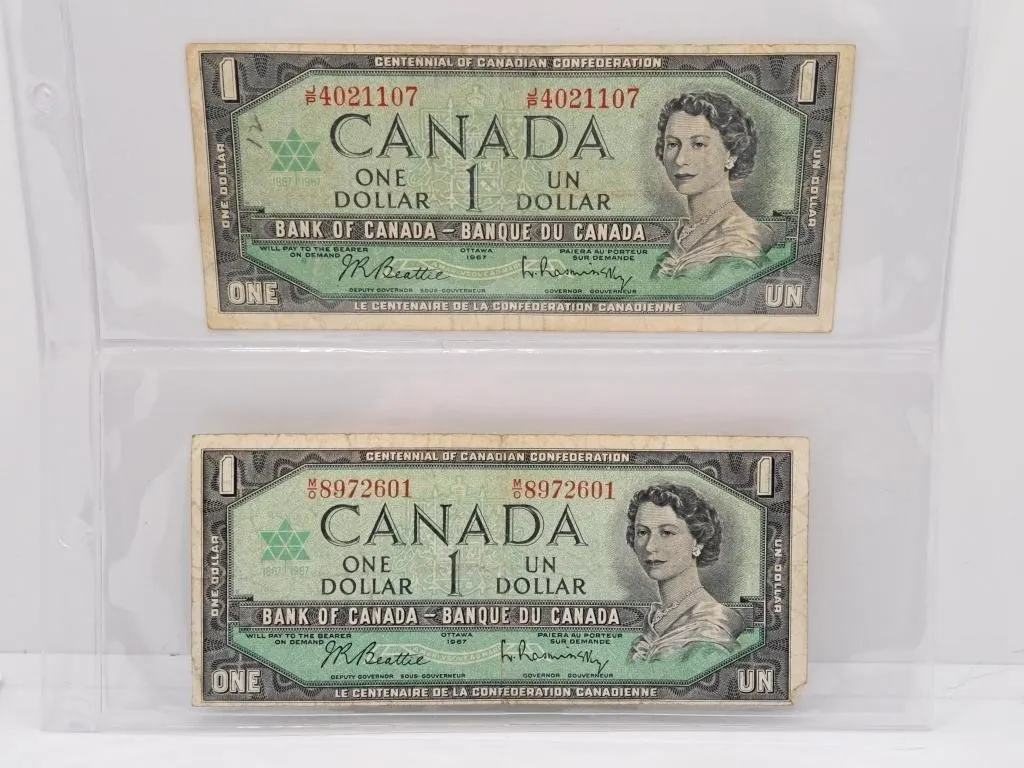 Pair of 1967 Canada One Dollar Bills with Off