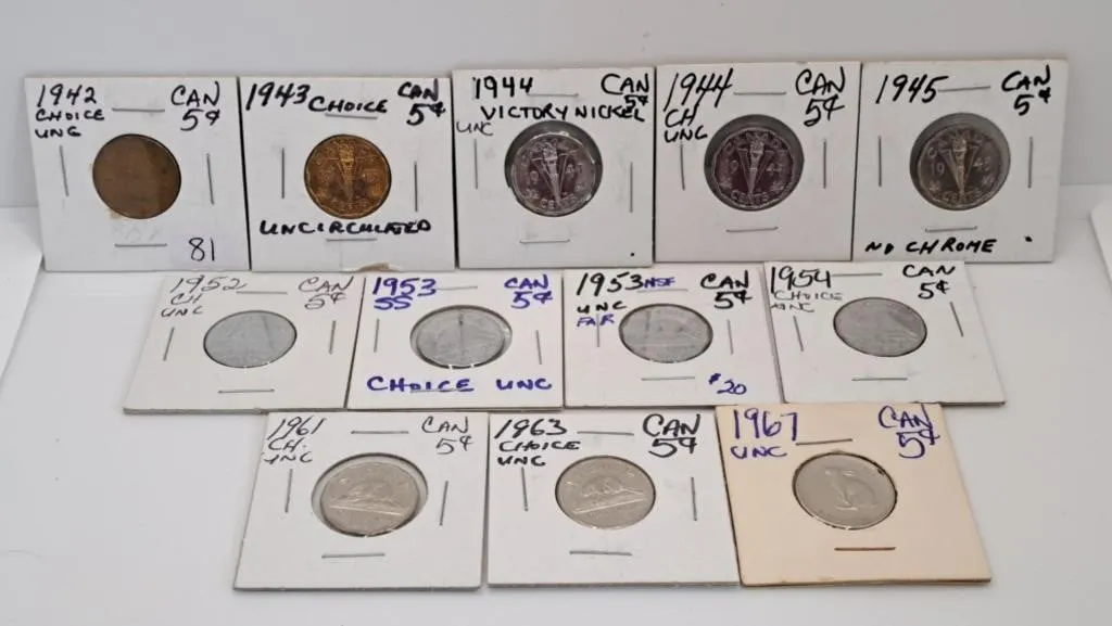 Twelve Canada Nickels. Various Years Between 1942
