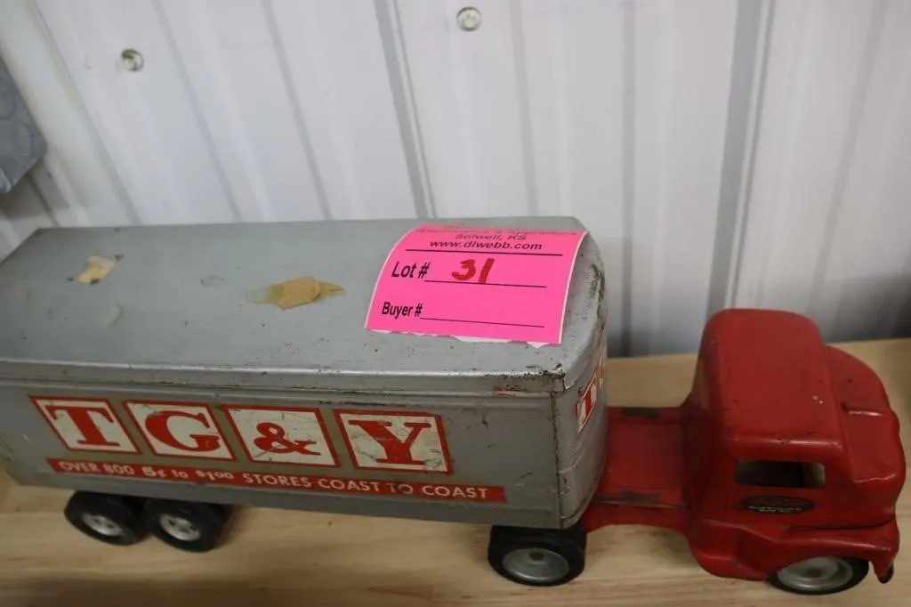 TG&Y box van toy with Tonka tractor