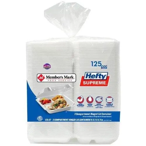 Hefty 3-Compartment Foam Hinged Containers 125ct