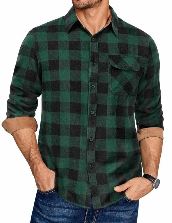Coofandy Mens Plaid Flannel Shirt Green Black 3XL