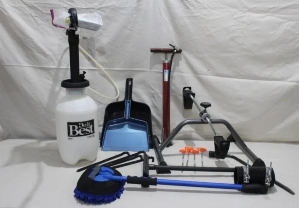 Hand Sprayer, Tire Pump, Dust Pans, Stakes & More.