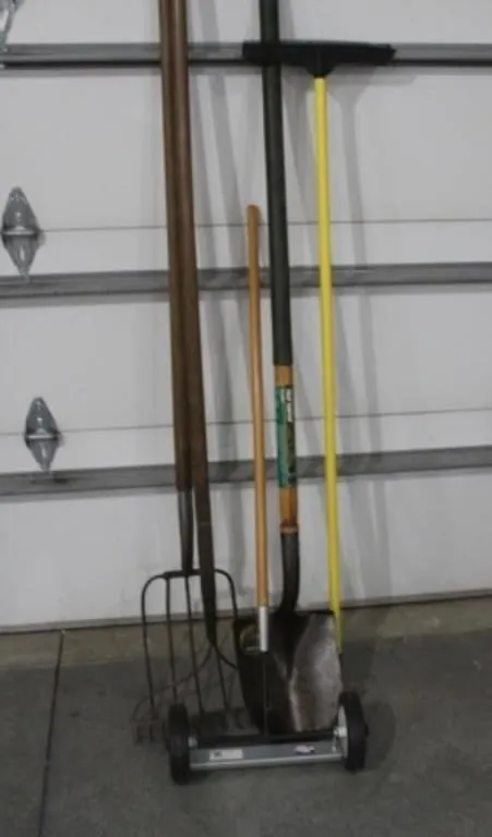 Rake, Pitch Fork, Shovel & Rubber Broom & Magnet