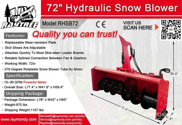 2026 Raytree RHSB72 72 in Hydraulic Skid Steer Snowblower (Unused)