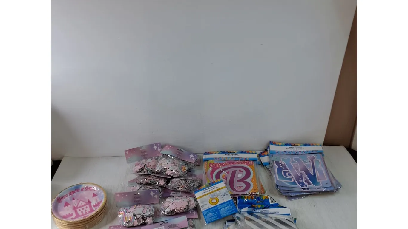 Assorted Party Supplies, (5) Paper Plate Packs, (11) Confetti, 10+ Letter Banners, (15+) Packs of 4