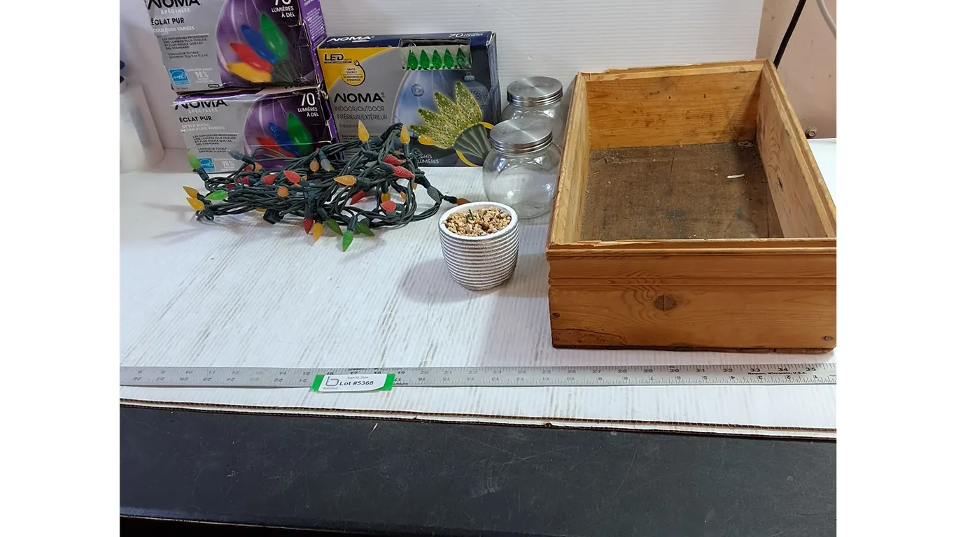 Assorted NOMA Christmas Lights, Glass Jars, Decorative Pot, Wooden Box