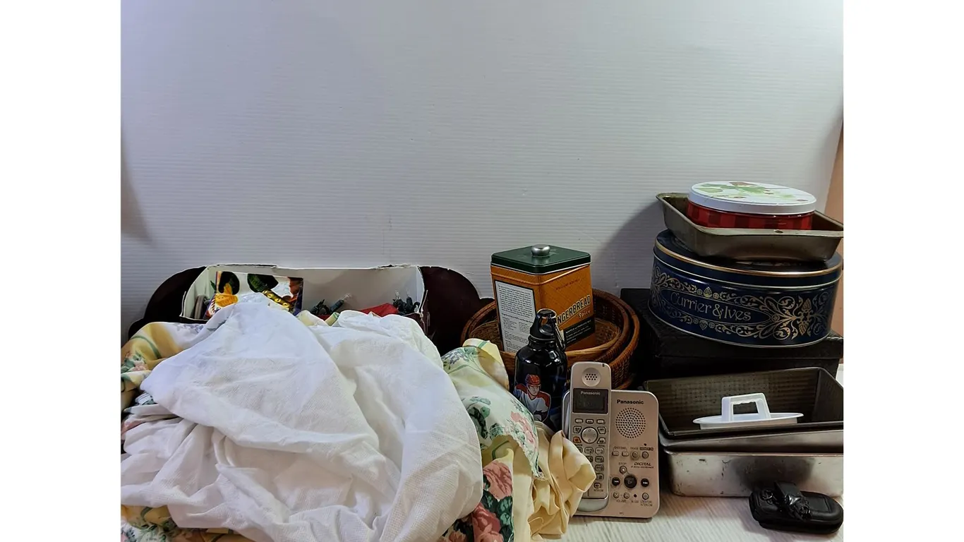 Assorted Tins/Baskets, Christmas Decor, Old Phones, Misc