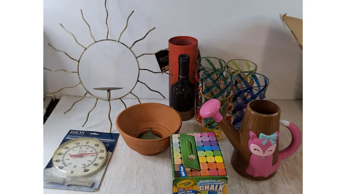 Indoor/Outdoor Thermometer, Sidewalk Chalk, Watering Can, Plant Pot, Wine Carrier, (8) Plastic Cups,