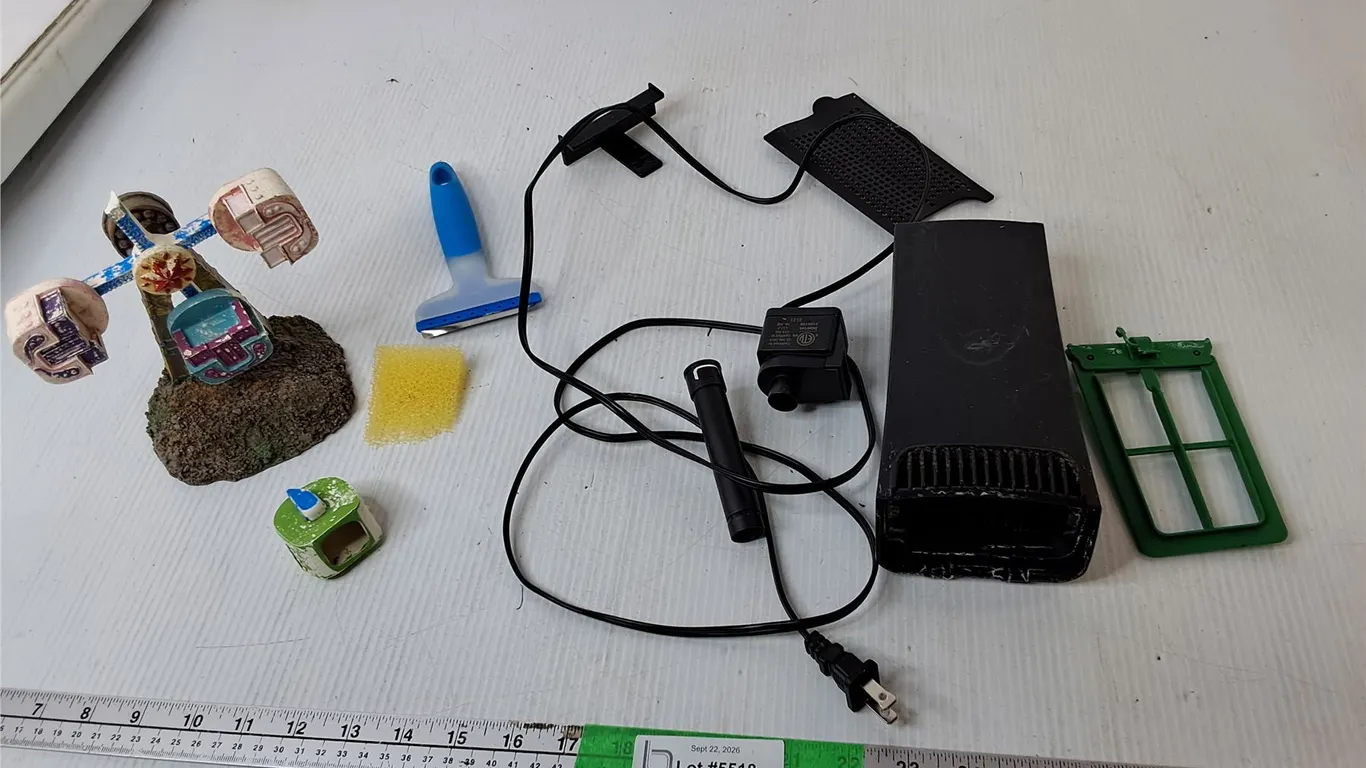 Aquarium Pump-As Is, Glass Scraper, Decor, Misc.