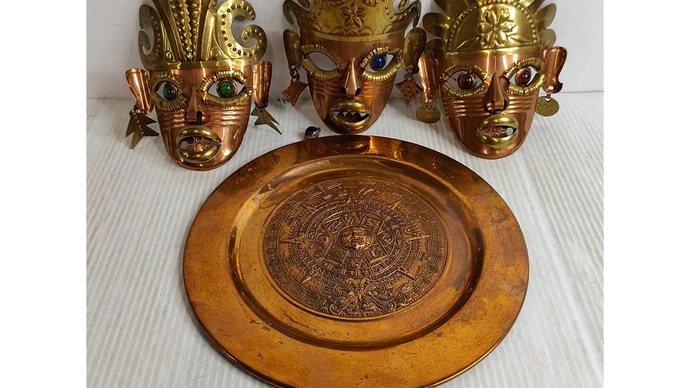 (3) Copper Masks and Copper Aztec Wall Plate