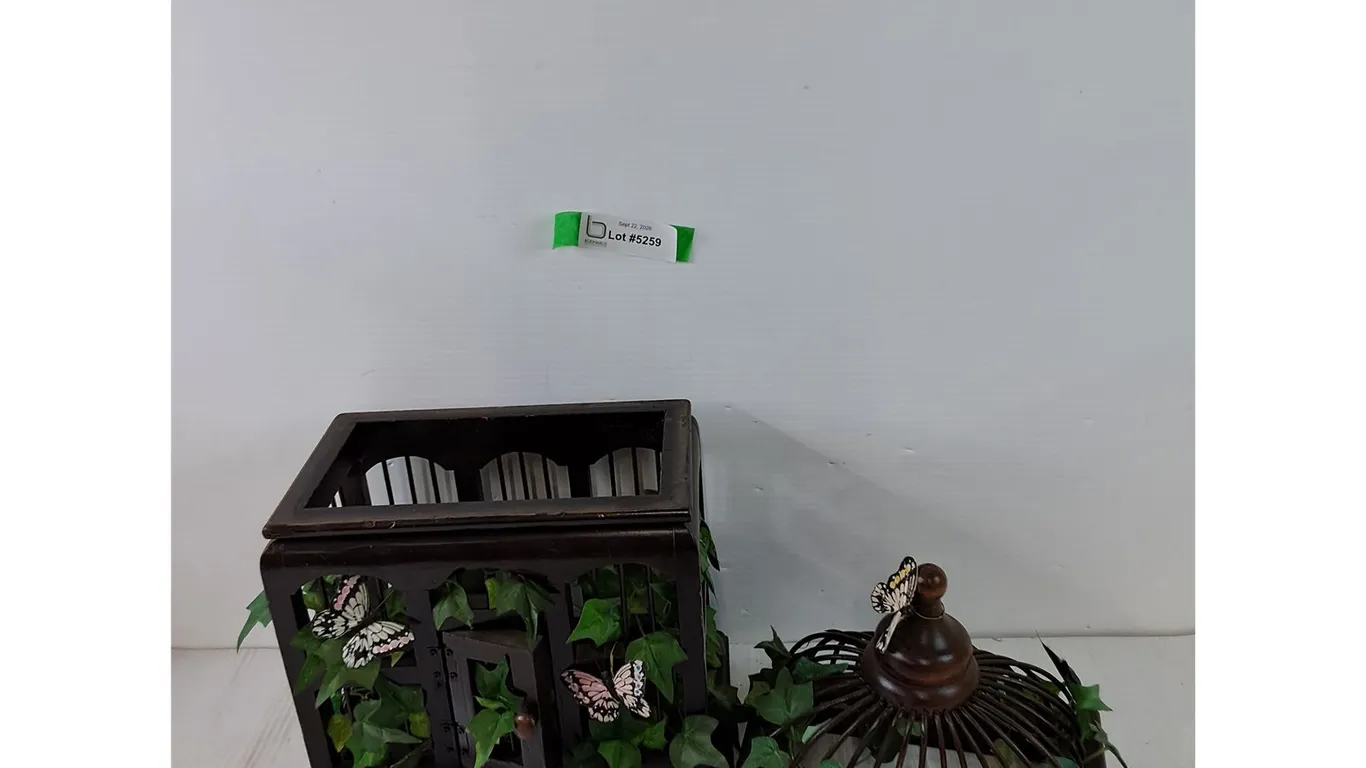 Decorative Dark Wooden Cage with Artificial Vine and Butterfly Decoration