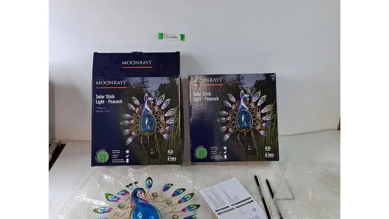 (2) Moonrays Solar Stick Peacock Solar Powered LED Lawn Ornaments Untested As-Is