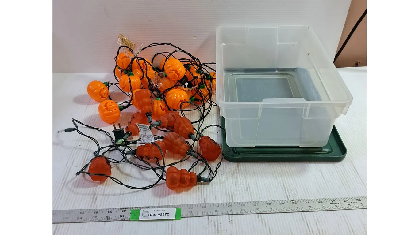 (2) Sets of Halloween Lights - 1 Working - 1 Not Working, & Plastic Container