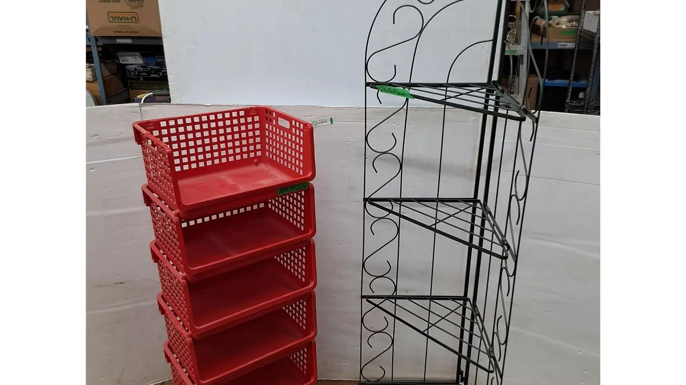 *(6) Red Stacking Bins, Green Metal Folding Corner Shelf with (4) Levels No Shipping