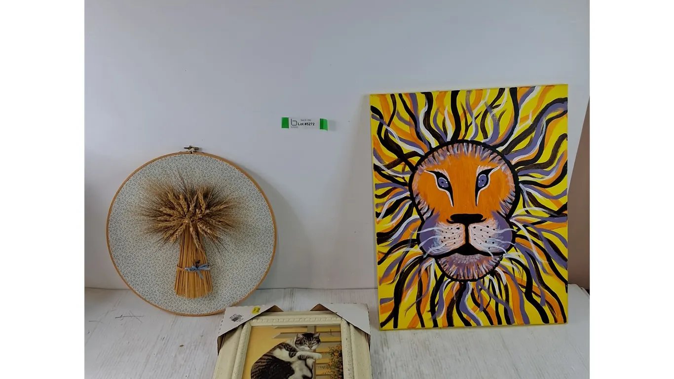 Wall Art With Real Wheat, Cat Painting Print, Lion Painting