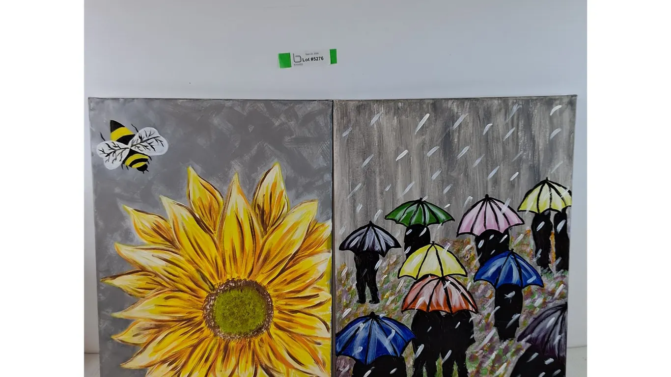 Painting of Bee with Flower and Rainy Day Both 16" x 20"