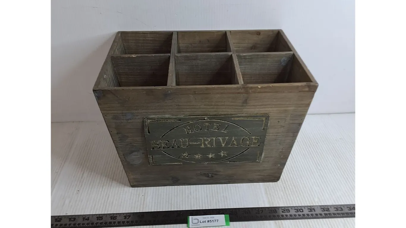 Sectioned Wooden Crate Featuring "Hotel Beau-Rivage" Plaque - 15x10x10"