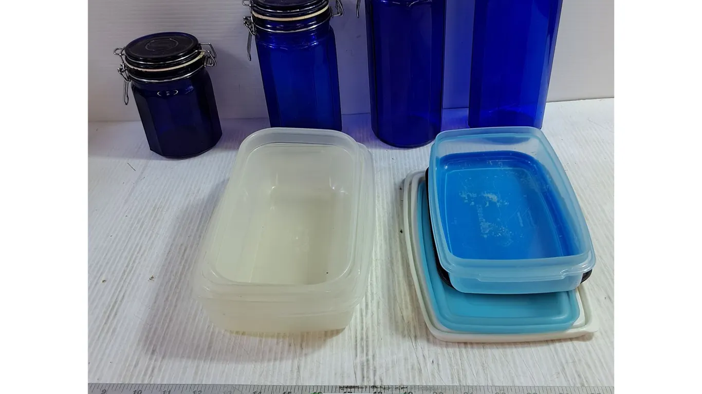 (4) Cobalt Blue Sealer Jars, (4) Plastic Containers