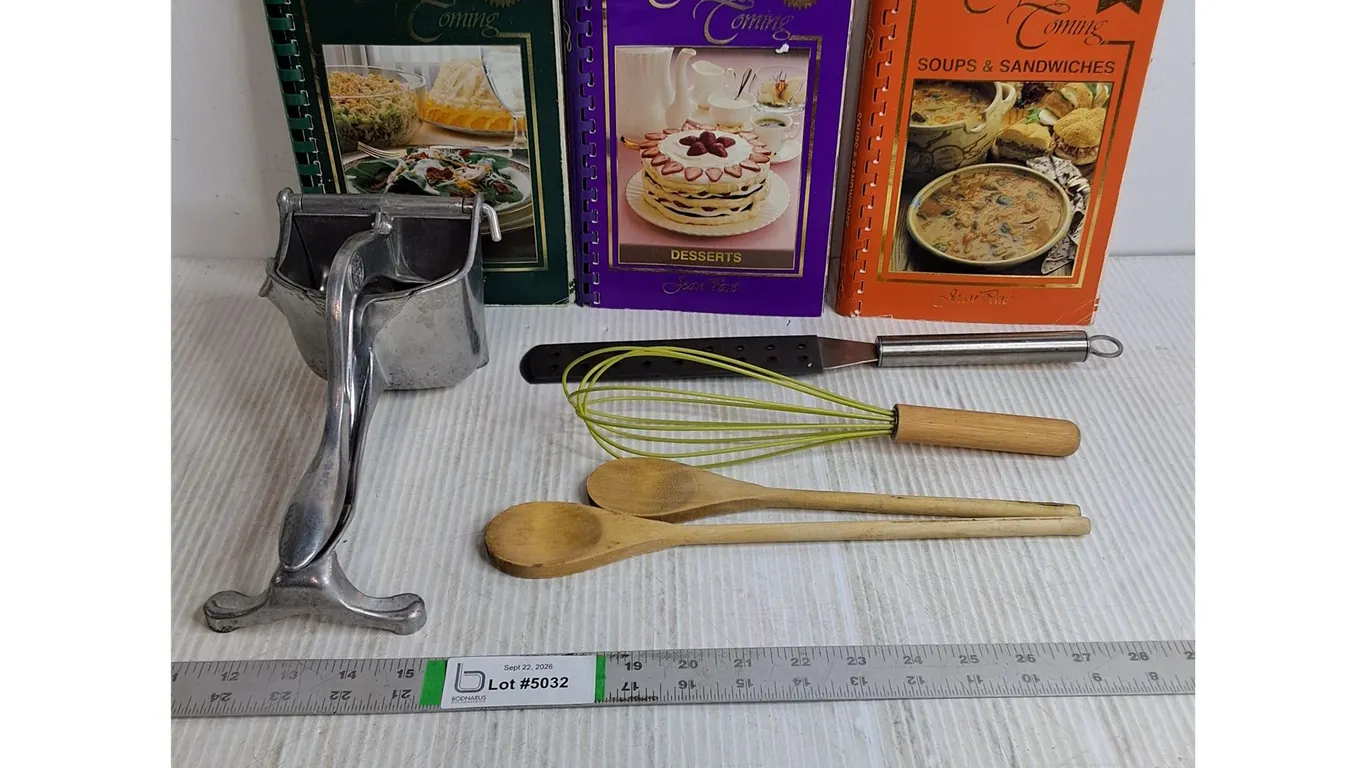 Vintage Wear-Ever Juicer,Utensils,(3) Company's Coming Cookbooks