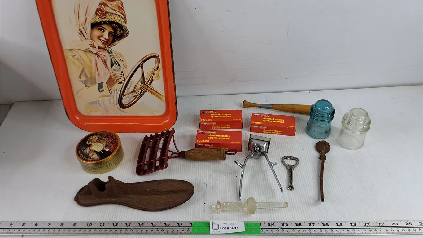 Vintage Coca Cola Serving Tray, Fur Brush, Vintage Trimmer, Insulators, Bottle Opener, Staples, Misc
