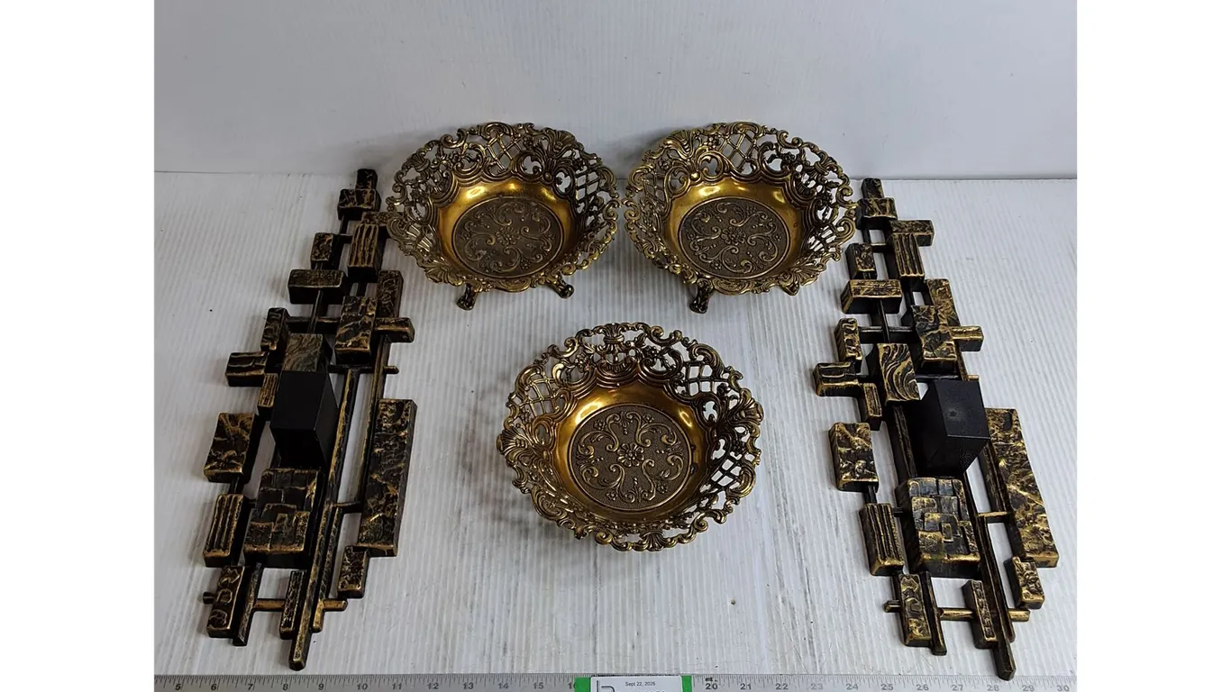 (3) Filigree Brass Bowls,(2) Mid-Century Wall Sconces