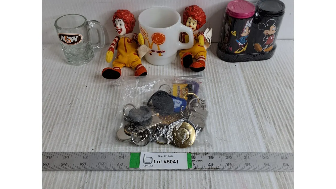 Advertising Lot-Fire King Mug and 2 McDonald's Figurines,Mini A&W Mug,Mickey/Minnie Salt/Pepper,Asso
