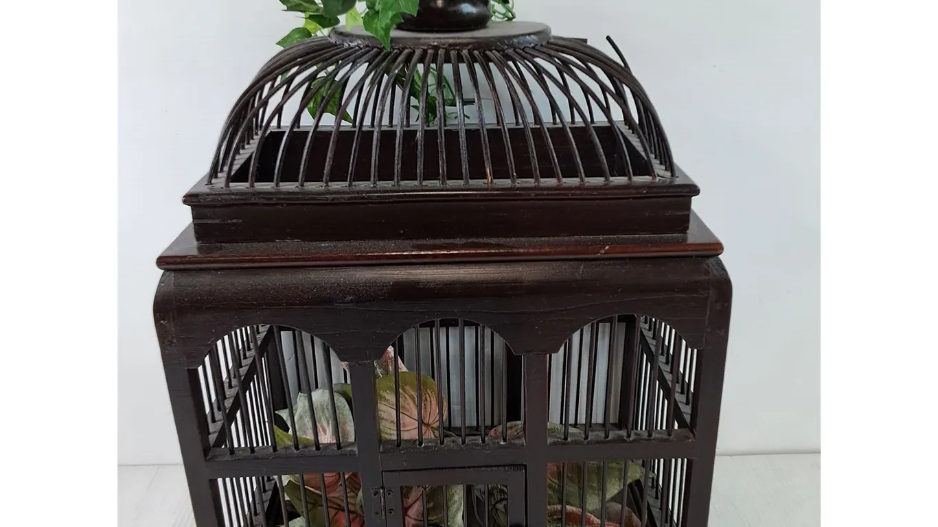 Dark Wood Decorative Birdcage With Artificial Plant Decor Inside