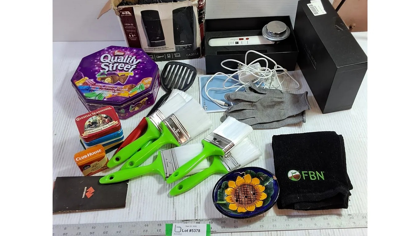 Powered Speaker System - Powers On, EMS Therapy Device - Powers On, Tins, Brushes, Towel, Misc