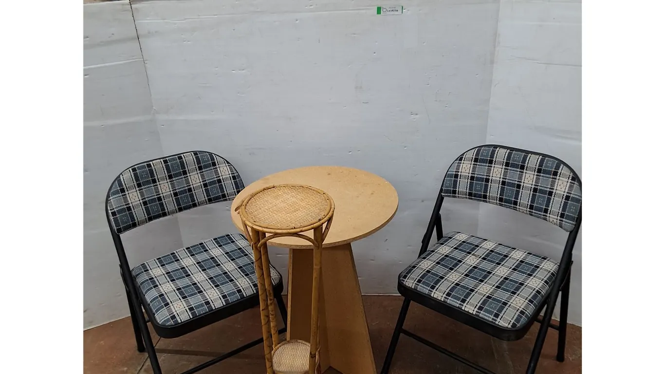 *(1) Table, (1) Planter Table, (2) Metal Folding Chairs No Shipping