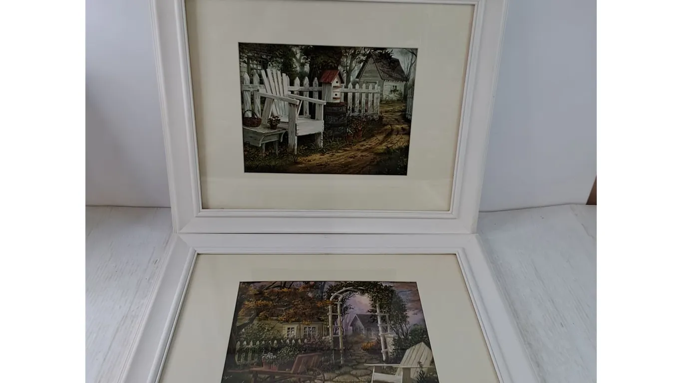 (2) Painting Prints of Backyard Garden and Shed