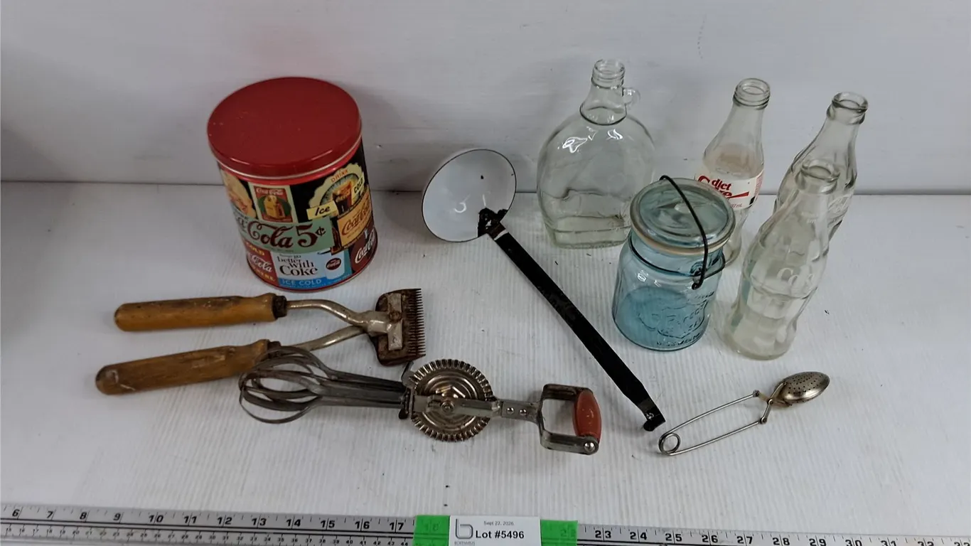 Vintage Beaters, Fur Shears, Vintage Coca Cola Glass Bottles, Enamel Ladle, Coca Cola Tin, Misc