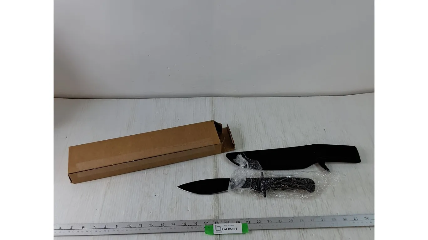 Black 14" Knife Fixed Blade with Kukri-Style Blade, Sheath, and Storage Box