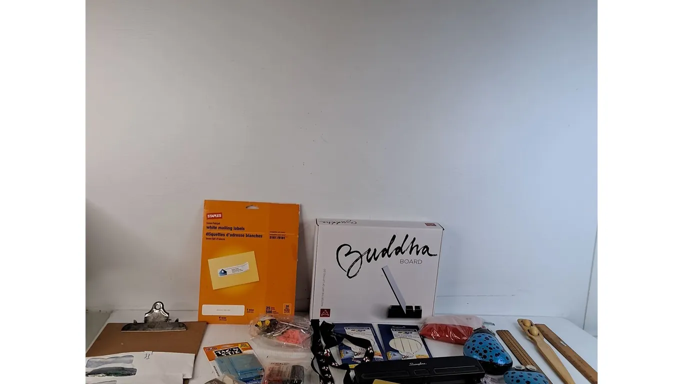 Buddha Board, Clipboard, Paper Clips, Erasers, Lanyards, Sticky Tac, Misc